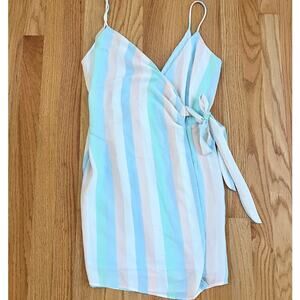 Aura pastel stripes wrap mini dress spaghetti straps tie closure vneck small